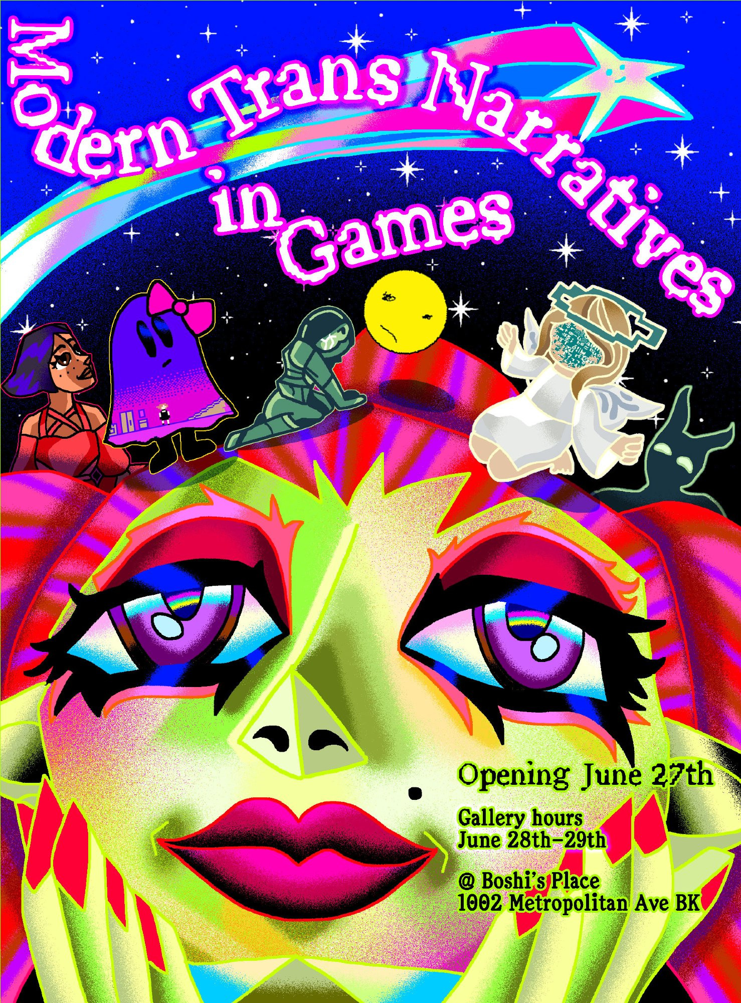 Boshi's Place poster for Modern Trans Narratives in Games (includes a drawing of Velvet from Wingless Fairies)
