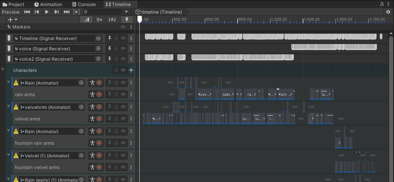 screenshot of the unity timeline window for Wingless Fairies. There are hundreds of signal emitters for voice clips and animations